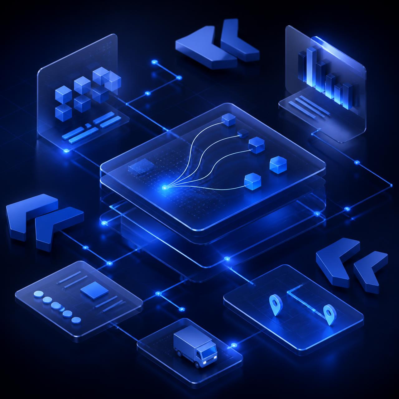 Isometric illustration of AI-connected operations for a home services company: lead flow, dispatch, and reporting linked into one system.